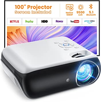 Projector, Native 1080P Bluetooth Projector with 100''Screen