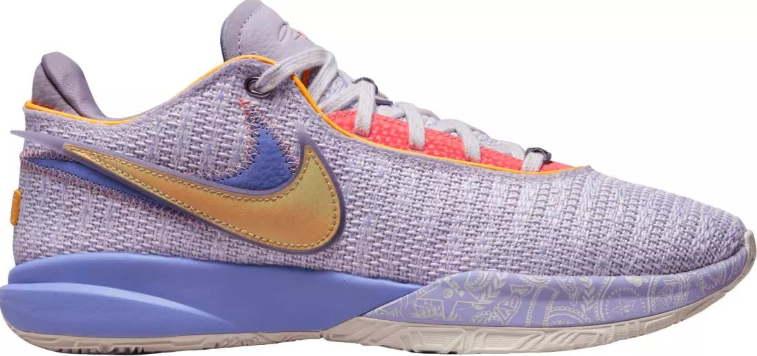 Violet, gold, and purple Lebron Nike shoes