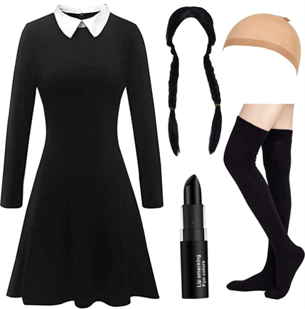 Wednesday Addams costume consisting of a black dress, wig, wig cap, black socks and a black lipstick