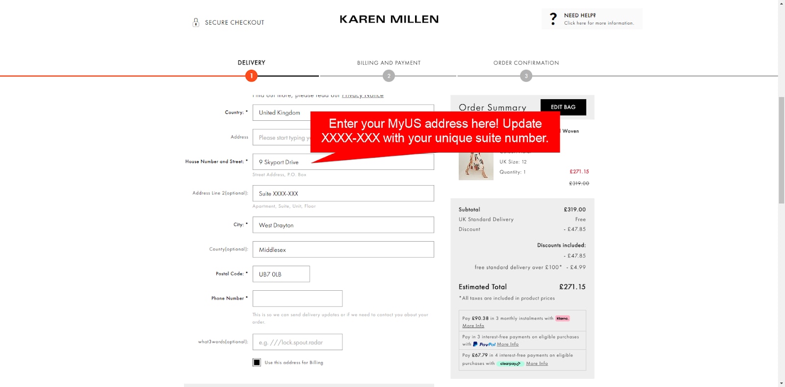 Add MyUS Address to Karen Millen Guest Checkout