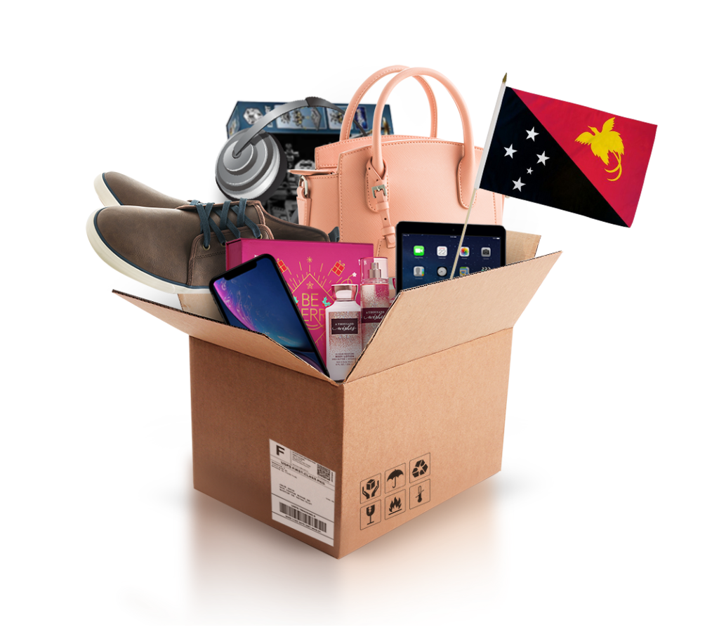 box with various products and the flag of papua new guinea