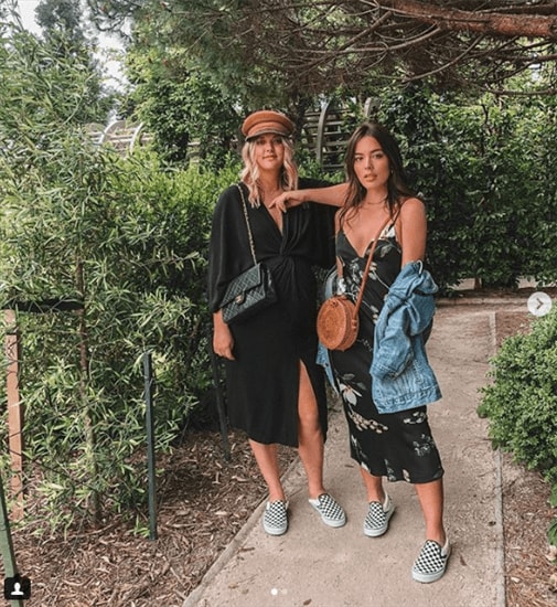 Bloggers Nami & Pascale wearing black dresses and crossbody bags with matching checkered shoes