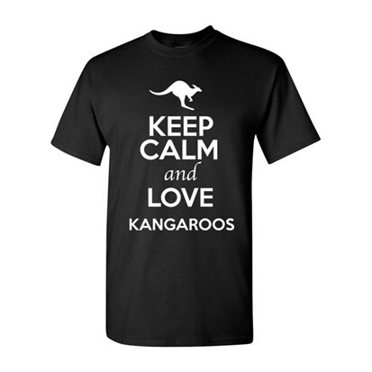 Men’s black t-shirt with a white print that reads “Keep Calm and Love Cangaroos” and a small kangaroo on top