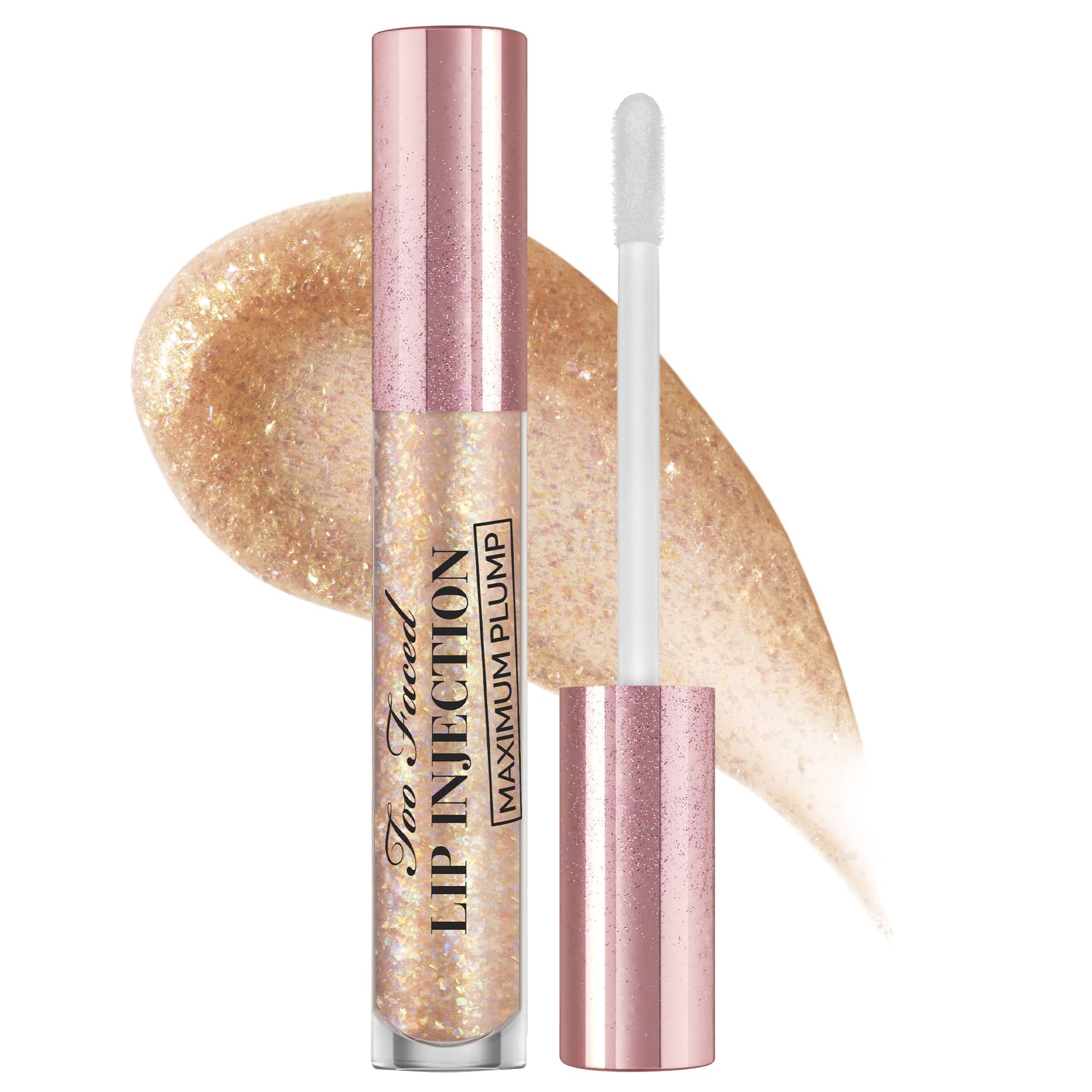 image a a tube of golden sparkly lip gloss and plumper from Too Faced cosmetics