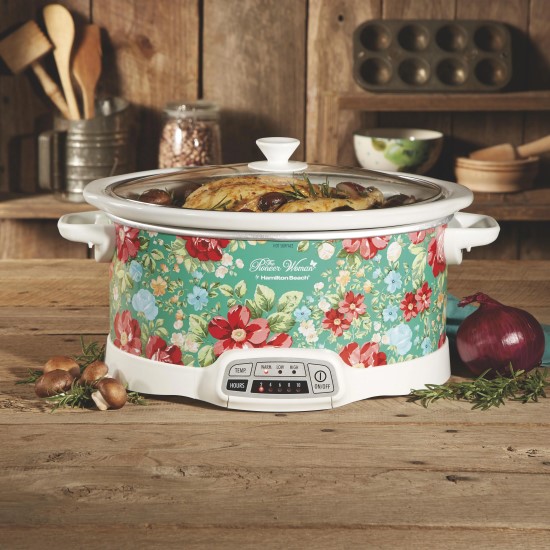 The Pioneer Woman vintage floral 7-qt programmable slow cooker with five different cooking times and a glass lid
