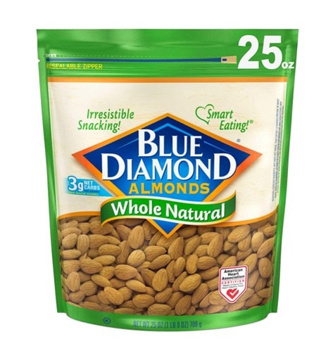 A green and white 25oz zip bag of Blue Diamond Almonds with the blue and orange diamond-shaped logo on top and a picture of almonds at the bottom