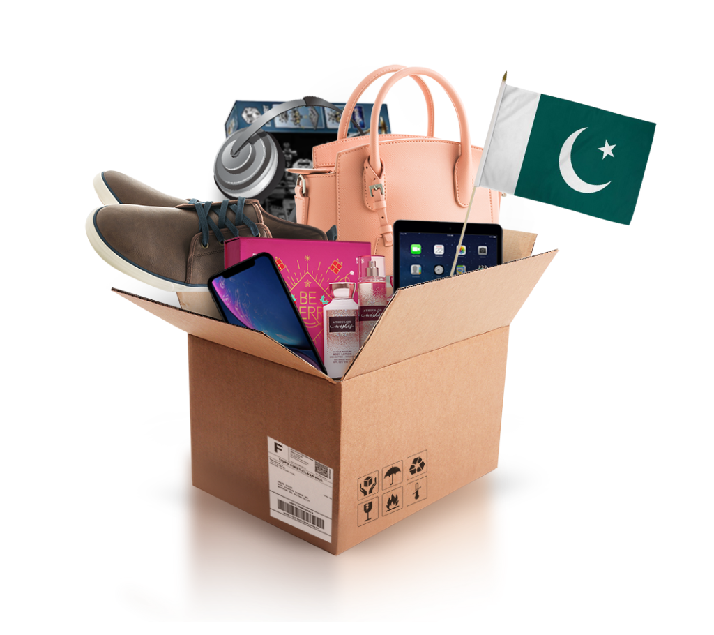 box with various products and the flag of pakistan