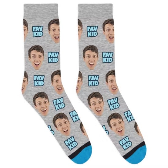 Personalized Fav Kid socks in grey with a male face tiled on them