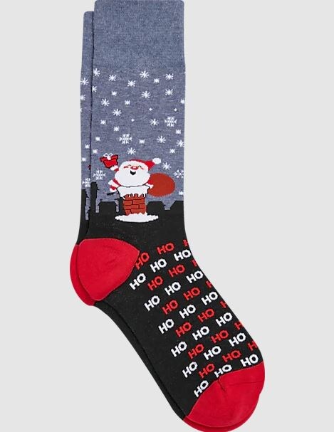 gray socks with image of santa clause in snow with ho ho ho written on them