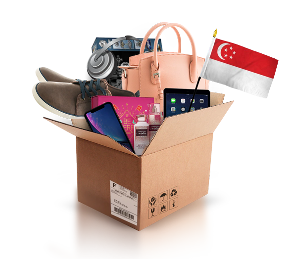 box with various products and the flag of singapore