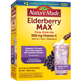 Yellow Box with Nature Made’s Elderberry MAX Fizzy Drink Mix, Vitamin C, Vitamin D3, and Zinc