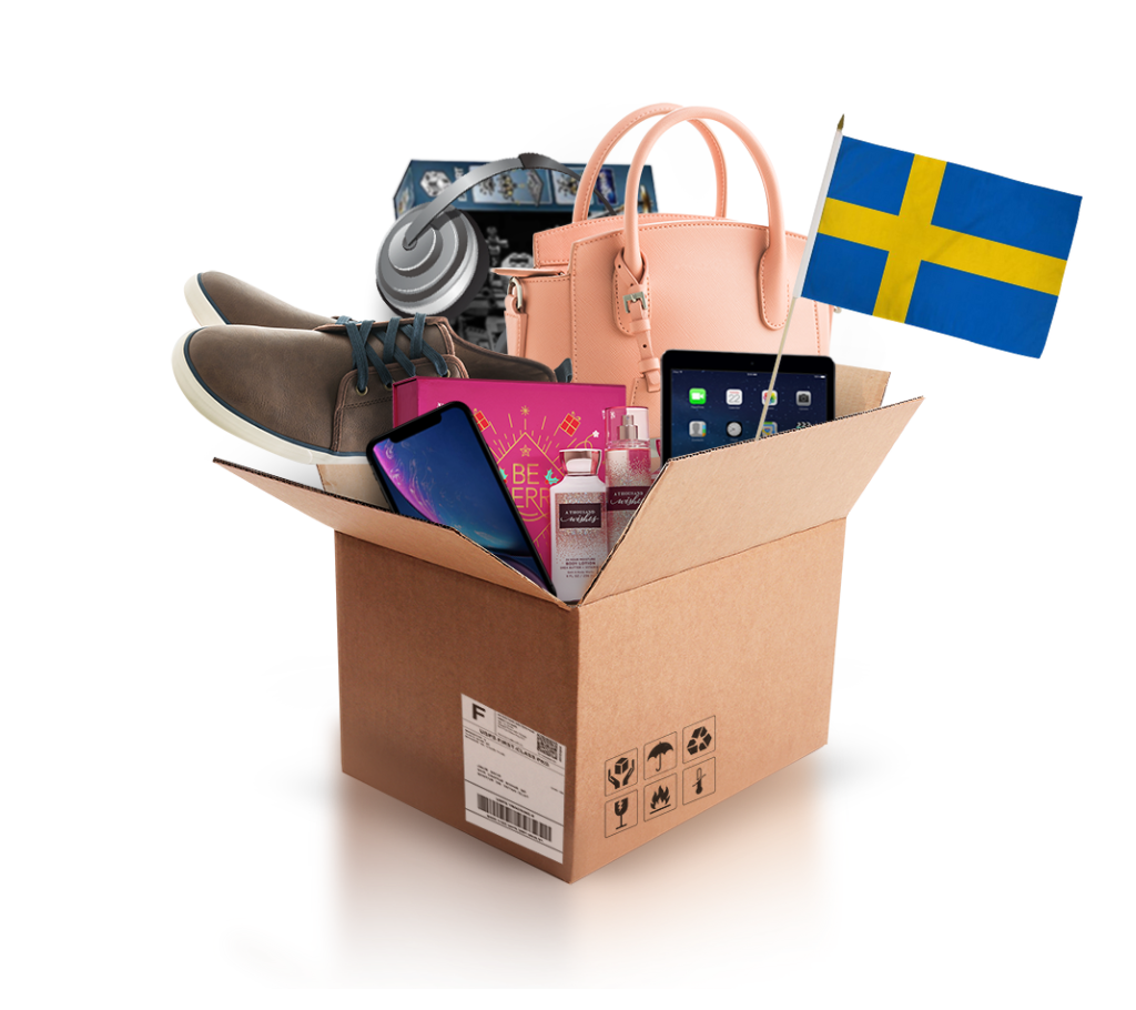 box with various products and the flag of sweden