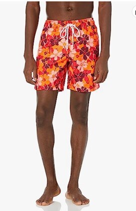 Male model shown from the waist down dressed in an orange floral quick-dry swim trunk