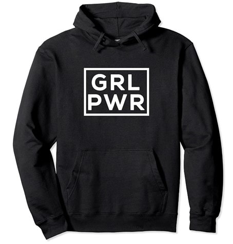 Black women’s hoodie with the words GRL PWR printed on it in white lettering and framed in a simple white rectangle