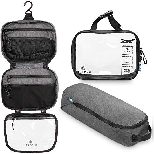 gray, black toiletry bag with hook and transparent folds 