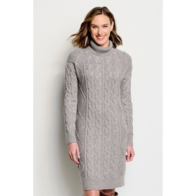  Model Wearing the Signature Merino Cable Sweater Dress in Medium Heather Gray