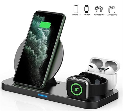 Powalaken 3 in 1 wireless charger charging an iPhone, Apple Watch, and AirPods Pro