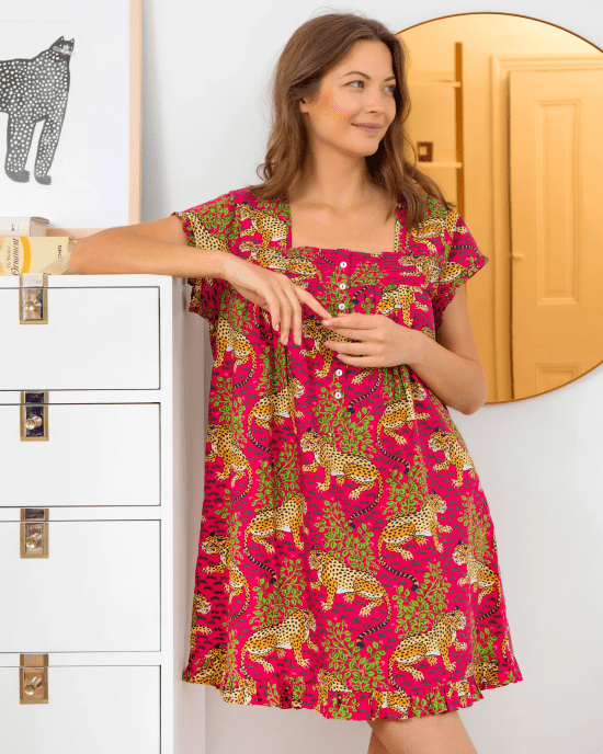 Bagheera print pintuck nightgown in hot pink worn by a model