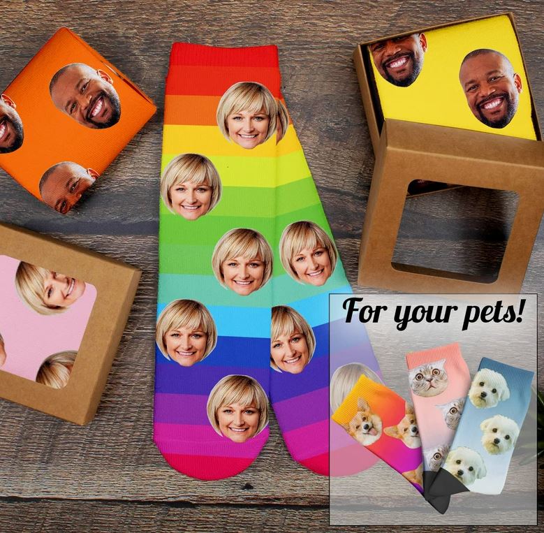 various colorful socks with images of faces 