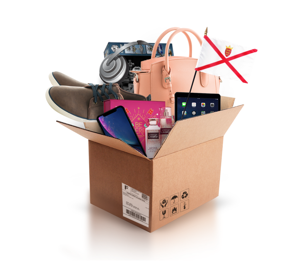 box with various products and the flag of jersey