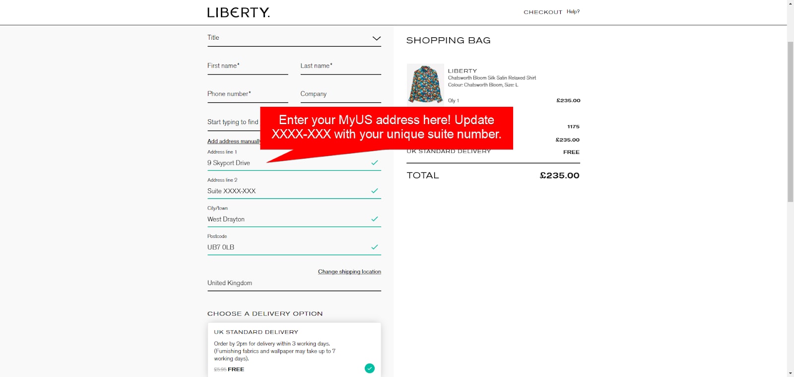 Add MyUS Address to Liberty London Guest Checkout