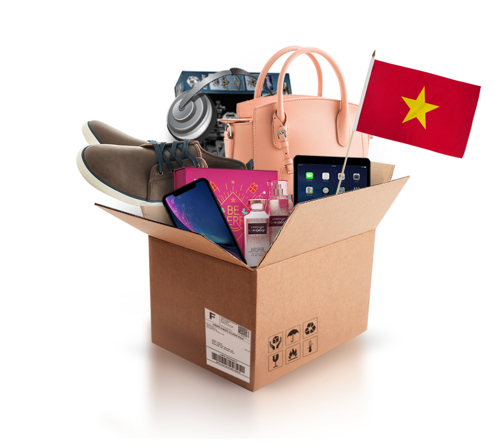 box with various products and the flag of vietnam