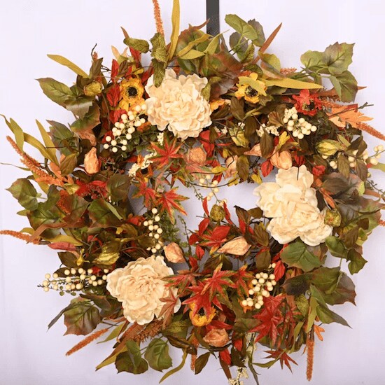 A 26-inch Primrue Silk Wreath that features red, green, beige, orange, and brown leaves and flowers