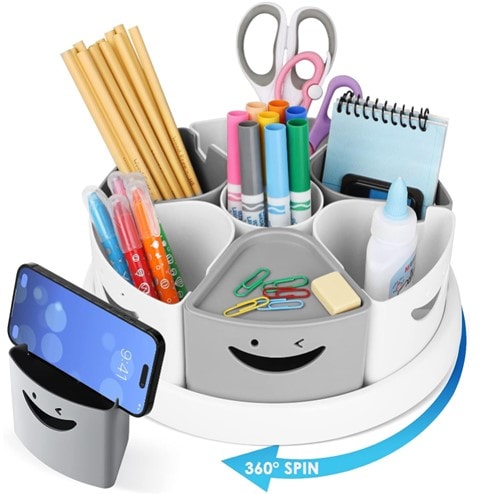 A round, white rotating organizer divided in 7 compartments for different school supplies