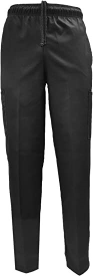 Natural Uniforms classic black chef pants with a drawstring, two front pockets, and three cargo pockets