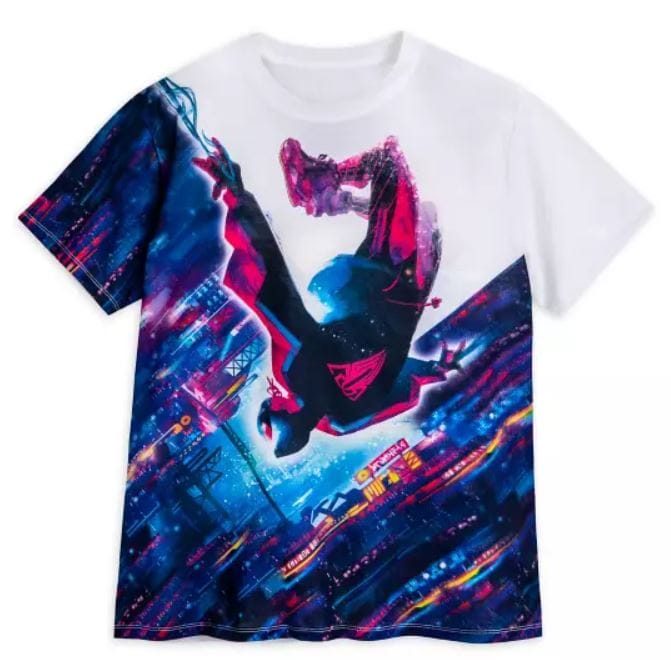 art t-shirt with image of miles morales spider-man freefalling in new york city