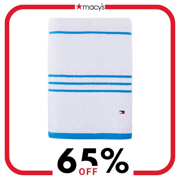 A white towel with blue stripes