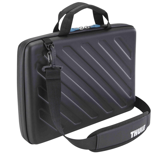 Black hard rectangular laptop case with two handles and long padded strap