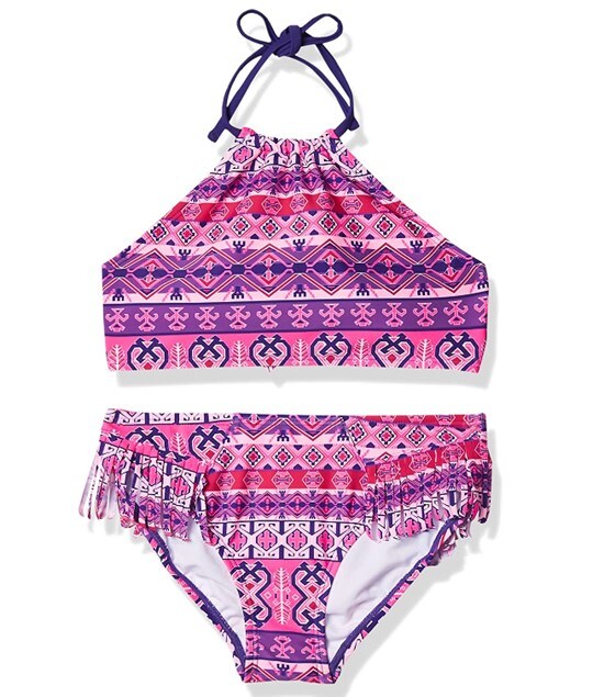Purple and pink two-piece swimwear for kids with tribal-like design.
