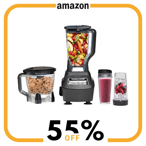 A black blender with three accessories