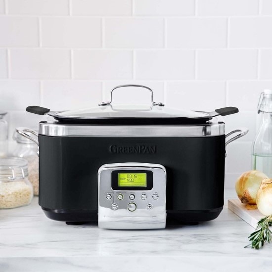  GreenPan Slow Cooker in black, an LCD screen, a digital control panel, and a glass lid.