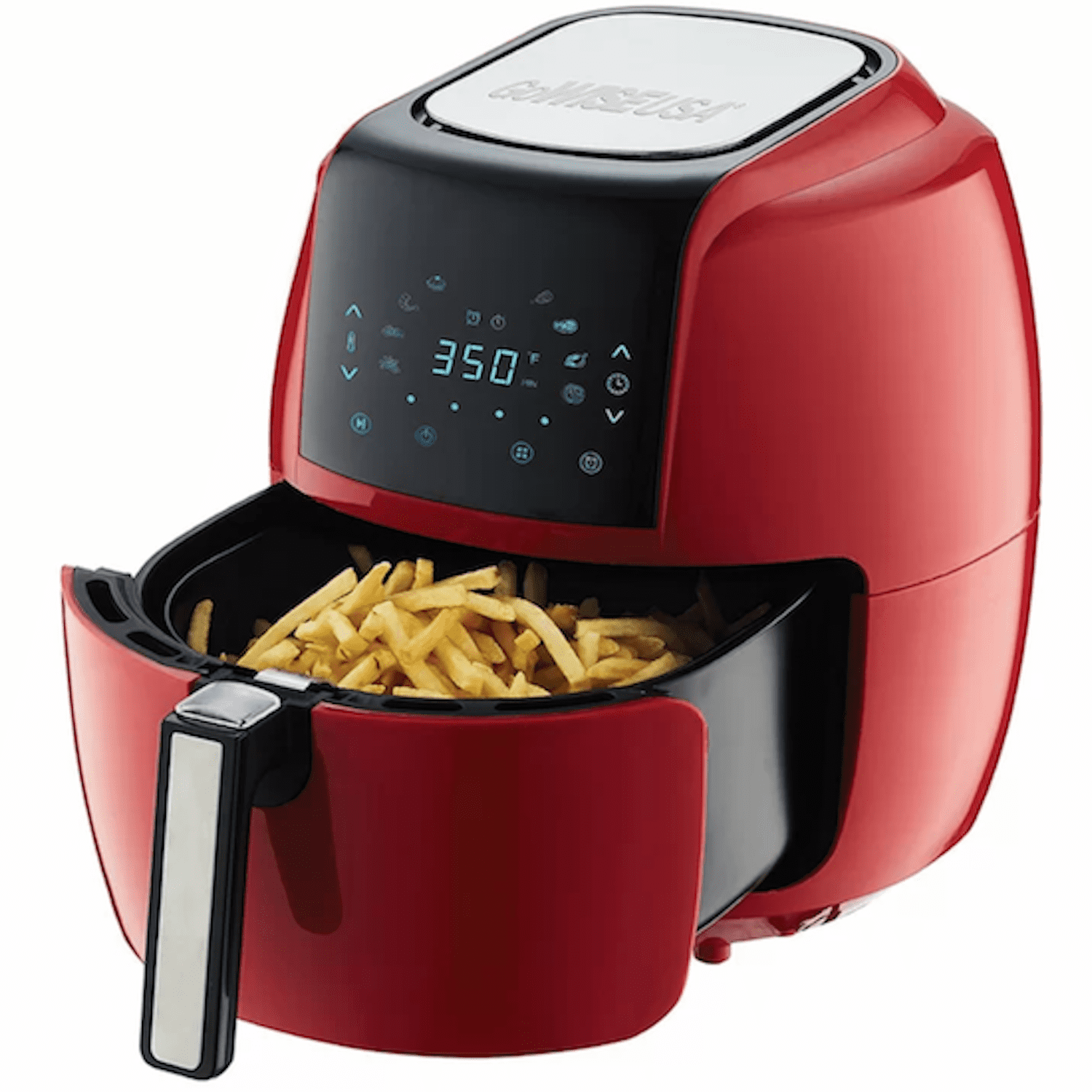 A Chili Red GoWISE USA 5.5 Liter 8-in-1 Electric Air Fryer carrying a bucket of French Fries