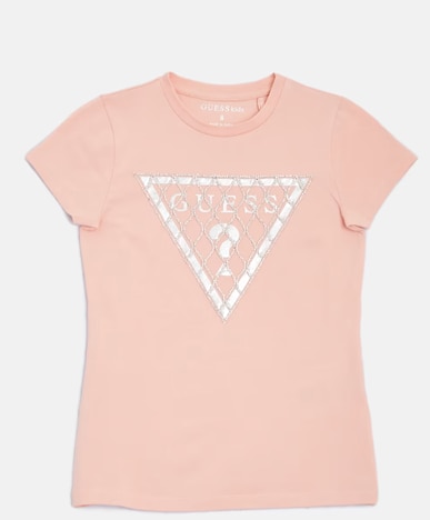 A pink T-Shirt with a white Guess logo and rhinestones