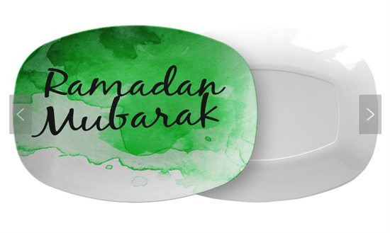 Green and white Ramadan Mubarak Serving Platter that reads 'Ramadan Mubarak"