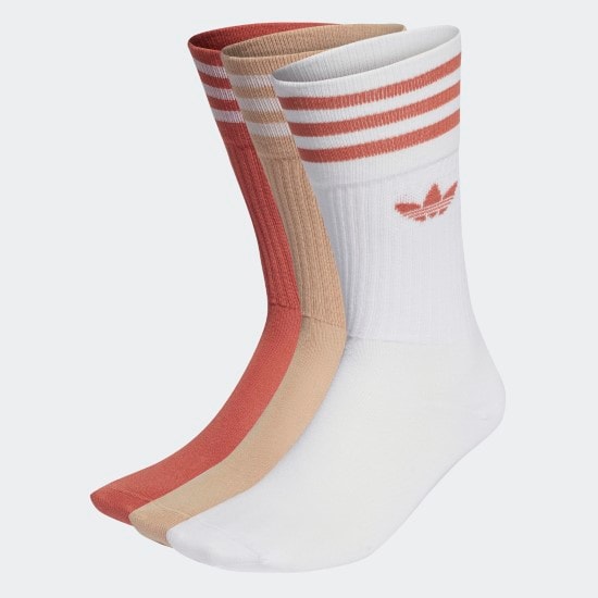 Adidas three solid crew socks in pink beige and white with complementary Adidas stripes