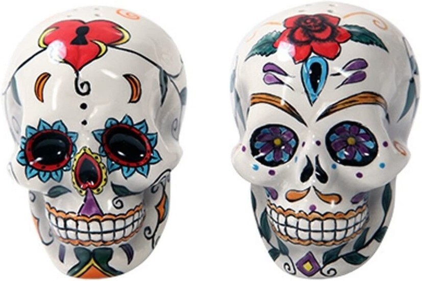 Salt and pepper shakers with Day of the Dead Skulls Calavera sugar skull designs