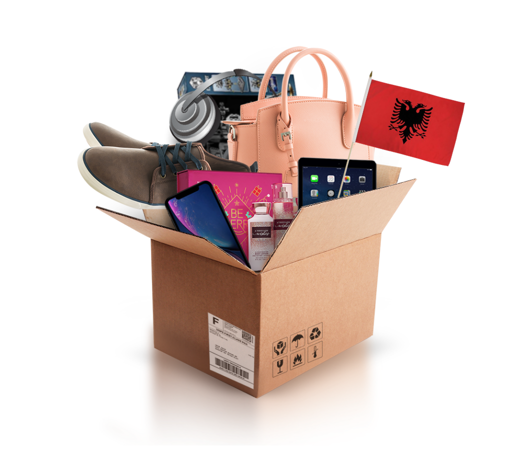 box with various products and the flag of albania