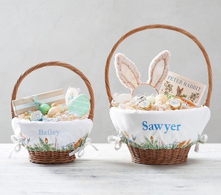 image of two Peter Rabbit-themed Easter baskets dedicated to Bailey and Sawyer