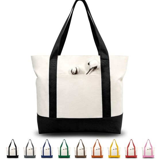 A black and white one-shoulder tote bag shown with the other 8 available color options below it