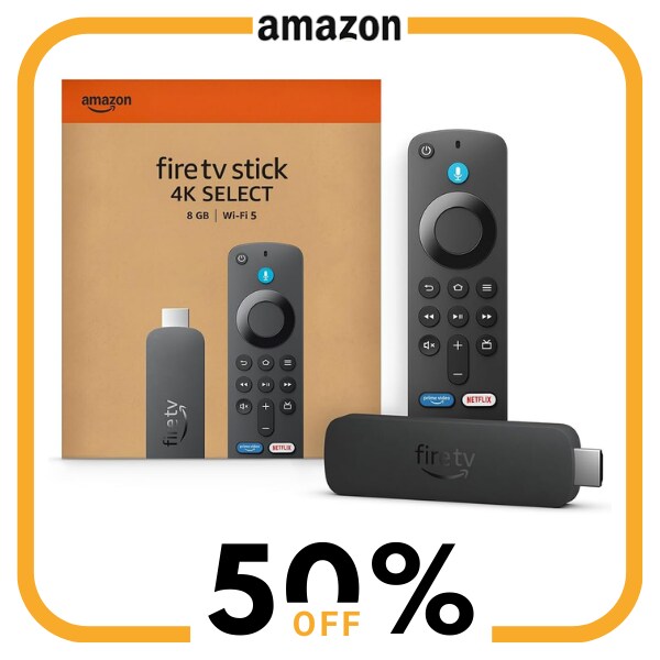 A black Fire TV Stick and remote next to a brown box