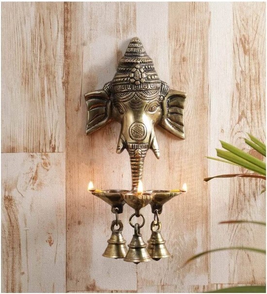 Ganesha brass wall hanging Diya statue idol with three bells decoration