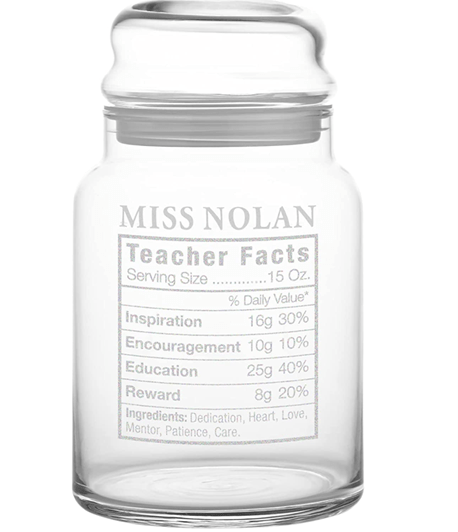 7” glass jar with an airtight lid and customized to display teachers’ characteristics as ingredients