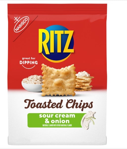 A red and white pack of sour cream and onion RITZ Toasted Chips with a single cracker in the middle of the photo, a dipping bowl on the left, and crackers stacked on top of each other with a little sauce on top on the right 