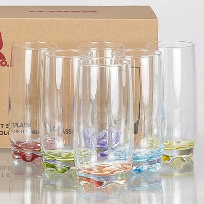 6 highball glasses with vibrant splash colored bottoms