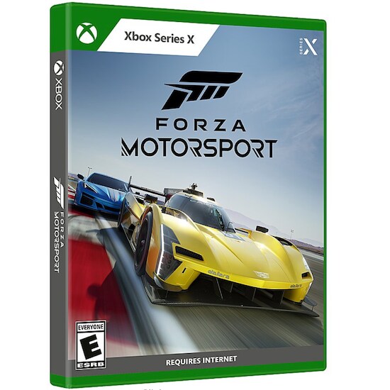 The cover of the Xbox Series X Forza Motorsport box with a yellow and blue sports car racing against each other on a race track 