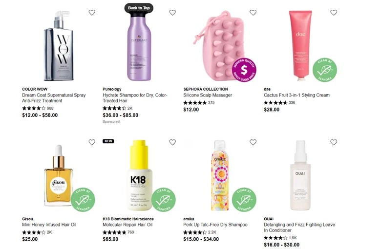 A screenshot of Sephora’s website showing 8 different hair products in two rows, including sprays, scalp massager, hair oils, a dry shampoo, and a leave-in conditioner
